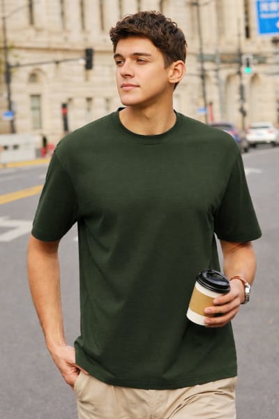 PockMAN Relaxed Fit Cotton Classic Round Neck Olive Tshirt