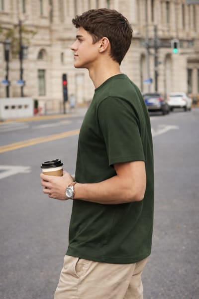 PockMAN Relaxed Fit Cotton Classic Round Neck Olive Tshirt
