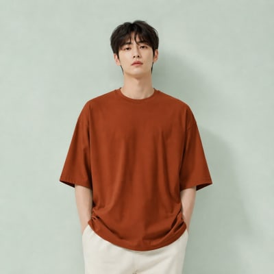 PockMAN Oversized Fit Cotton Classic Round Neck Rust Tshirt