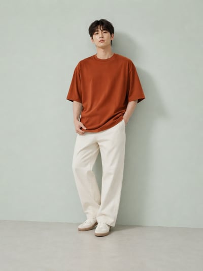 PockMAN Oversized Fit Cotton Classic Round Neck Rust Tshirt