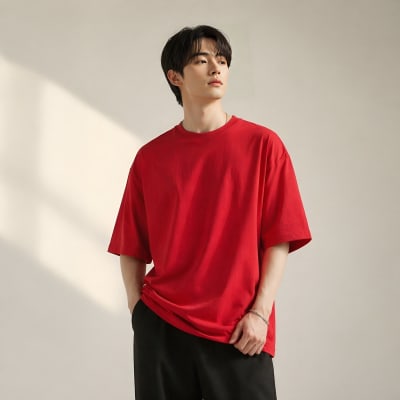 PockMAN Oversized Fit Cotton Classic Round Neck Red Tshirt