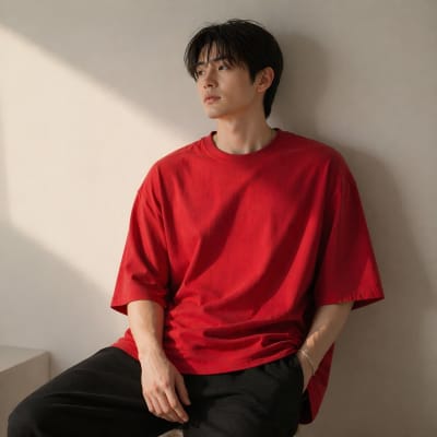 PockMAN Oversized Fit Cotton Classic Round Neck Red Tshirt