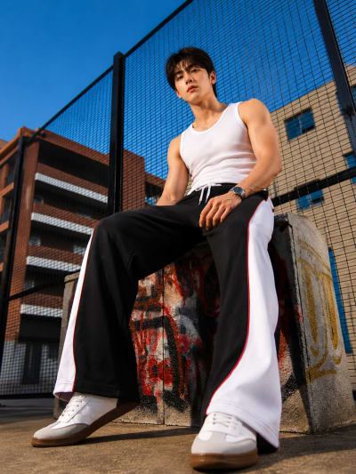 PockMAN Men Black & White Curve Pipping Wide Leg Comfort Joggers