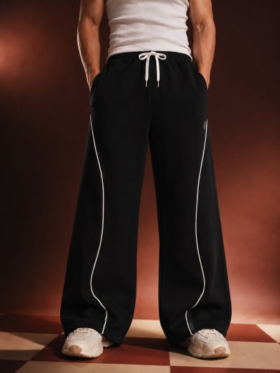 PockMAN Men Black Curve Pipping Wide Leg Comfort Joggers