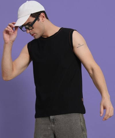 PockMAN Men Cotton Terry Contrast Thread Stitch Tank