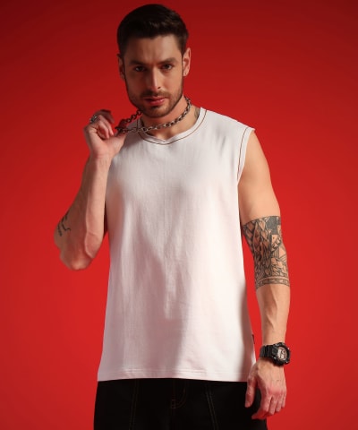 PockMAN Men Cotton Terry Contrast Thread Stitch Tank