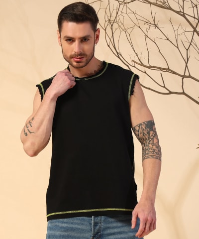 PockMAN Men Cotton Terry Contrast Thread Stitch Tank