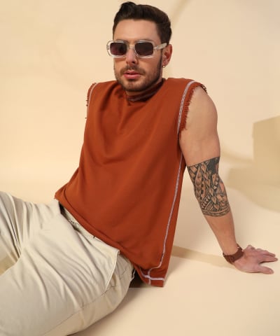 PockMAN Men Cotton Terry Contrast Thread Stitch Tank