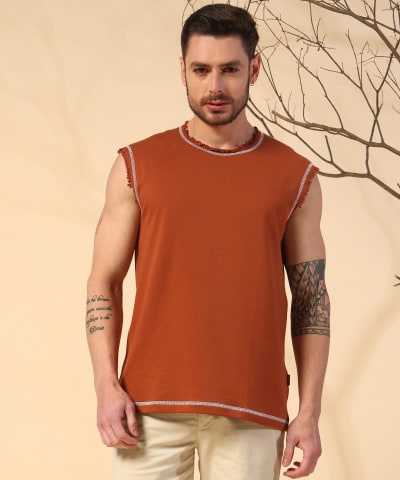 PockMAN Men Cotton Terry Contrast Thread Stitch Tank