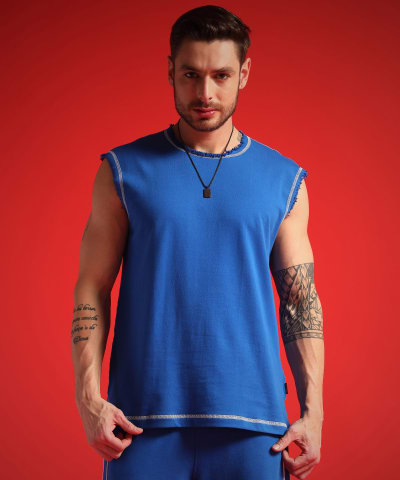 PockMAN Men Cotton Terry Contrast Thread Stitch Tank