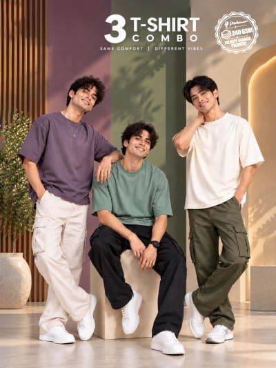 Pockman Men's Premium Cotton Terry T-Shirt Combo | Pack of 3