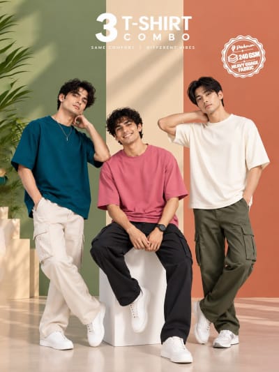 Pockman Men's Premium Cotton Terry T-Shirt Combo | Pack of 3