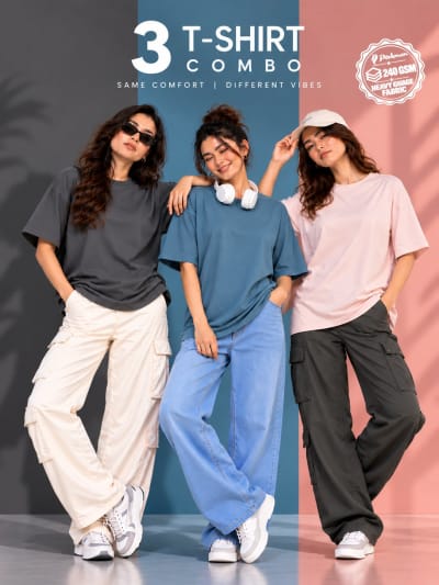Pockman Women's Premium Cotton Terry T-Shirt Combo | Pack of 3