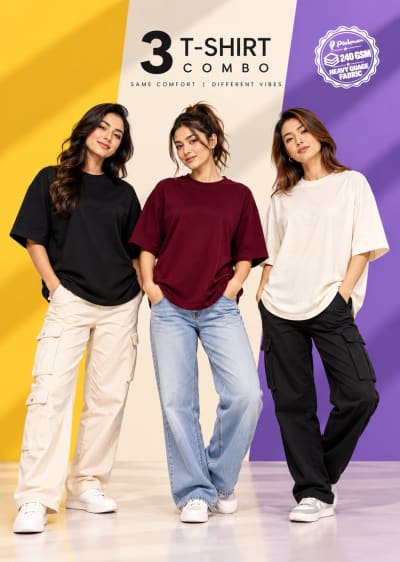 Pockman Women's Premium Cotton Terry T-Shirt Combo | Pack of 3