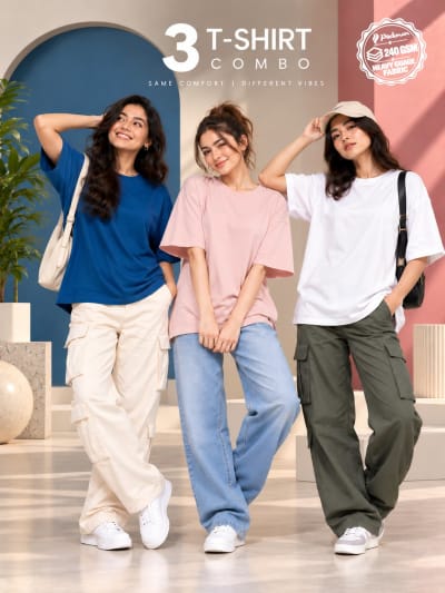Pockman Women's Premium Cotton Terry T-Shirt Combo | Pack of 3