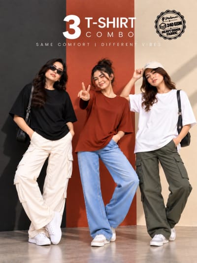 Pockman Women's Premium Cotton Terry T-Shirt Combo | Pack of 3