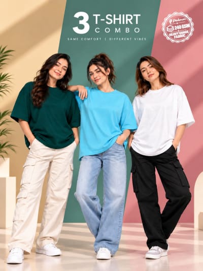 Pockman Women's Premium Cotton Terry T-Shirt Combo | Pack of 3