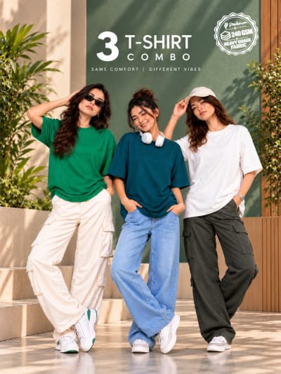 Pockman Women's Premium Cotton Terry T-Shirt Combo | Pack of 3