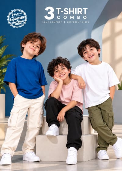 Pockman Boys's Premium Cotton Terry T-Shirt Combo | Pack of 3