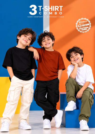 Pockman Boys's Premium Cotton Terry T-Shirt Combo | Pack of 3