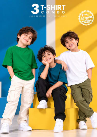 Pockman Boys's Premium Cotton Terry T-Shirt Combo | Pack of 3