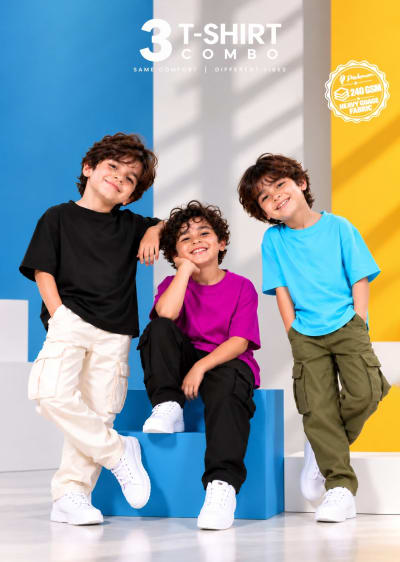Pockman Boys's Premium Cotton Terry T-Shirt Combo | Pack of 3