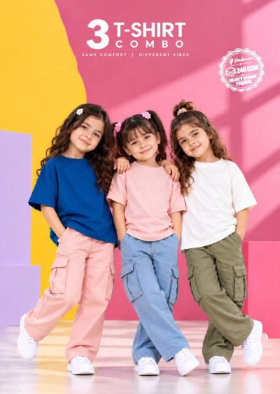 Pockman Girls's Premium Cotton Terry T-Shirt Combo | Pack of 3