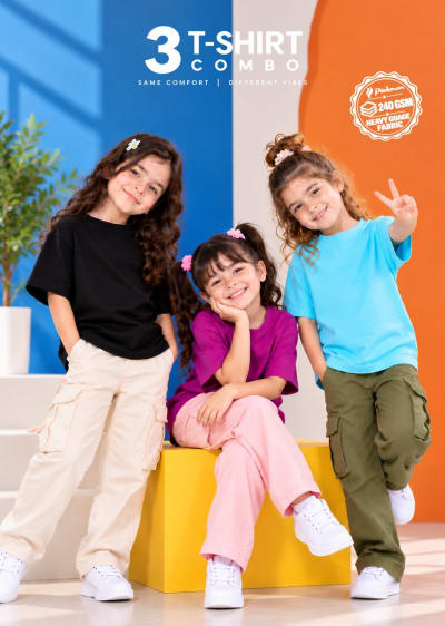 Pockman Girls's Premium Cotton Terry T-Shirt Combo | Pack of 3
