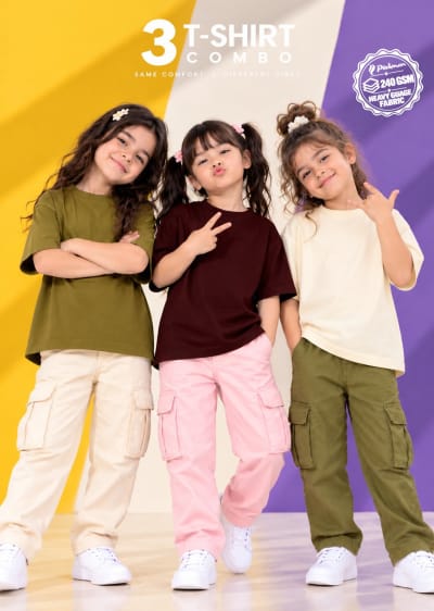 Pockman Girls's Premium Cotton Terry T-Shirt Combo | Pack of 3