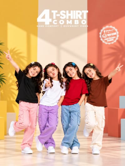Pockman Girls's Premium Cotton Lightweight T-Shirt Combo | Pack of 4