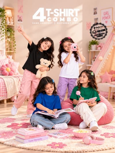Pockman Girls's Premium Cotton Lightweight T-Shirt Combo | Pack of 4