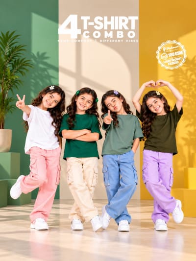 Pockman Girls's Premium Cotton Lightweight T-Shirt Combo | Pack of 4
