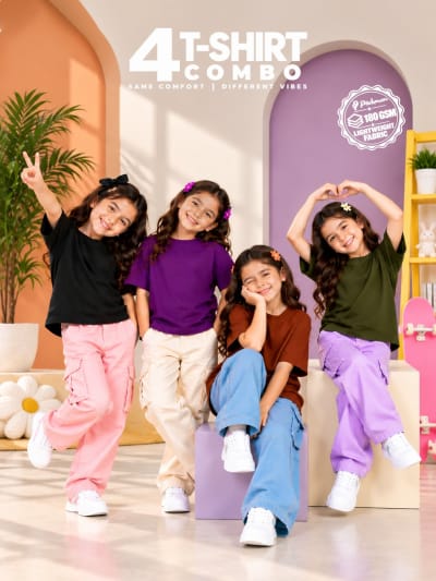 Pockman Girls's Premium Cotton Lightweight T-Shirt Combo | Pack of 4