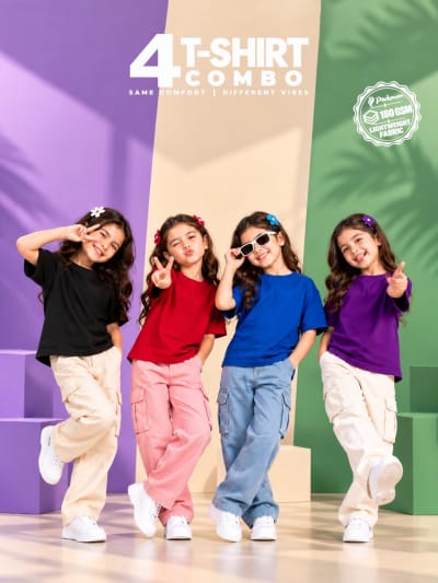 Pockman Girls's Premium Cotton Lightweight T-Shirt Combo | Pack of 4