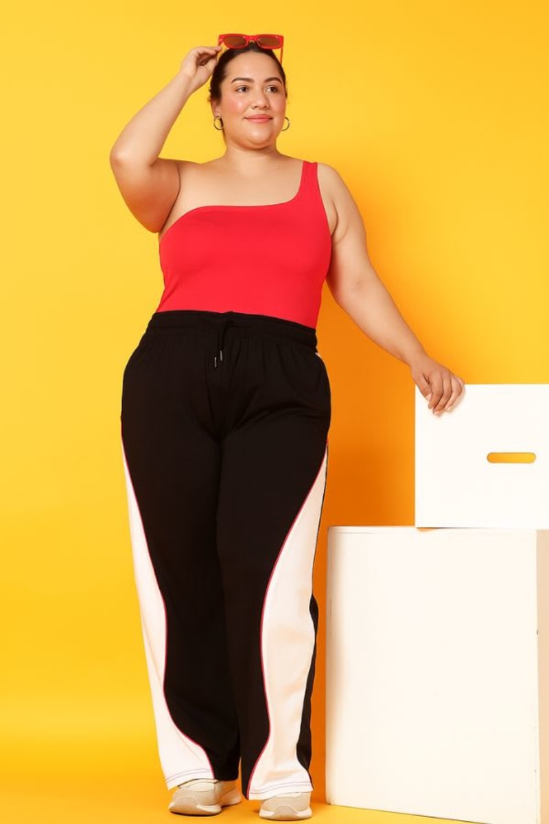 PockMAN Women Black & White Curve Pipping Wide Leg Comfort Joggers - Image 4