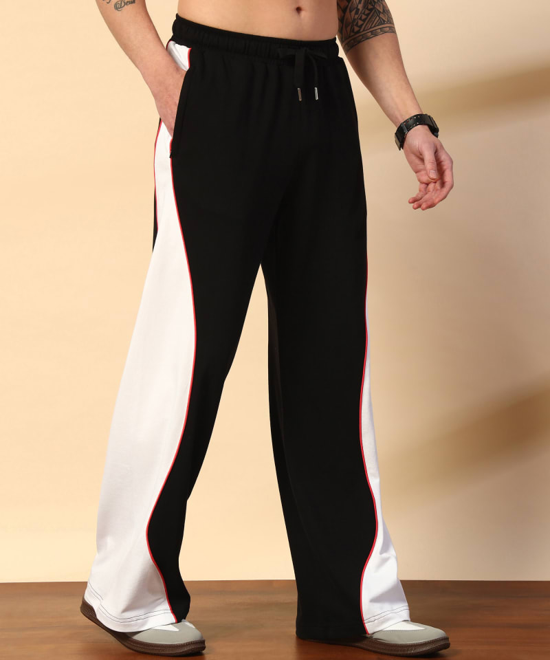 PockMAN Men Black & White Curve Pipping Wide Leg Comfort Joggers - Image 4