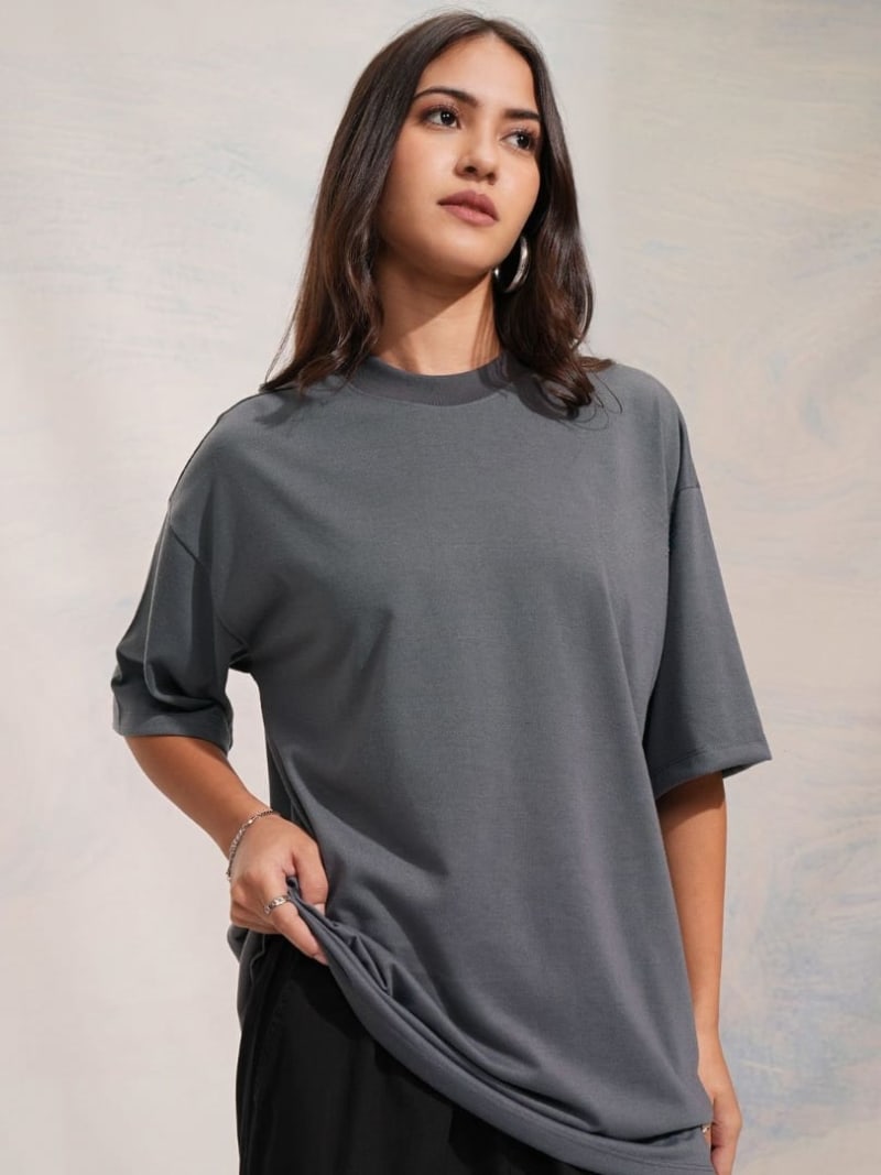 PockMAN Oversized Solid Cotton Terry Classic Charcoal Grey Tshirt - Image 2