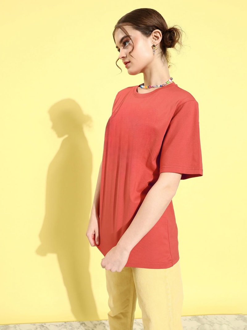 PockMAN Oversized Solid Cotton Terry Classic Light Red Tshirt - Image 5