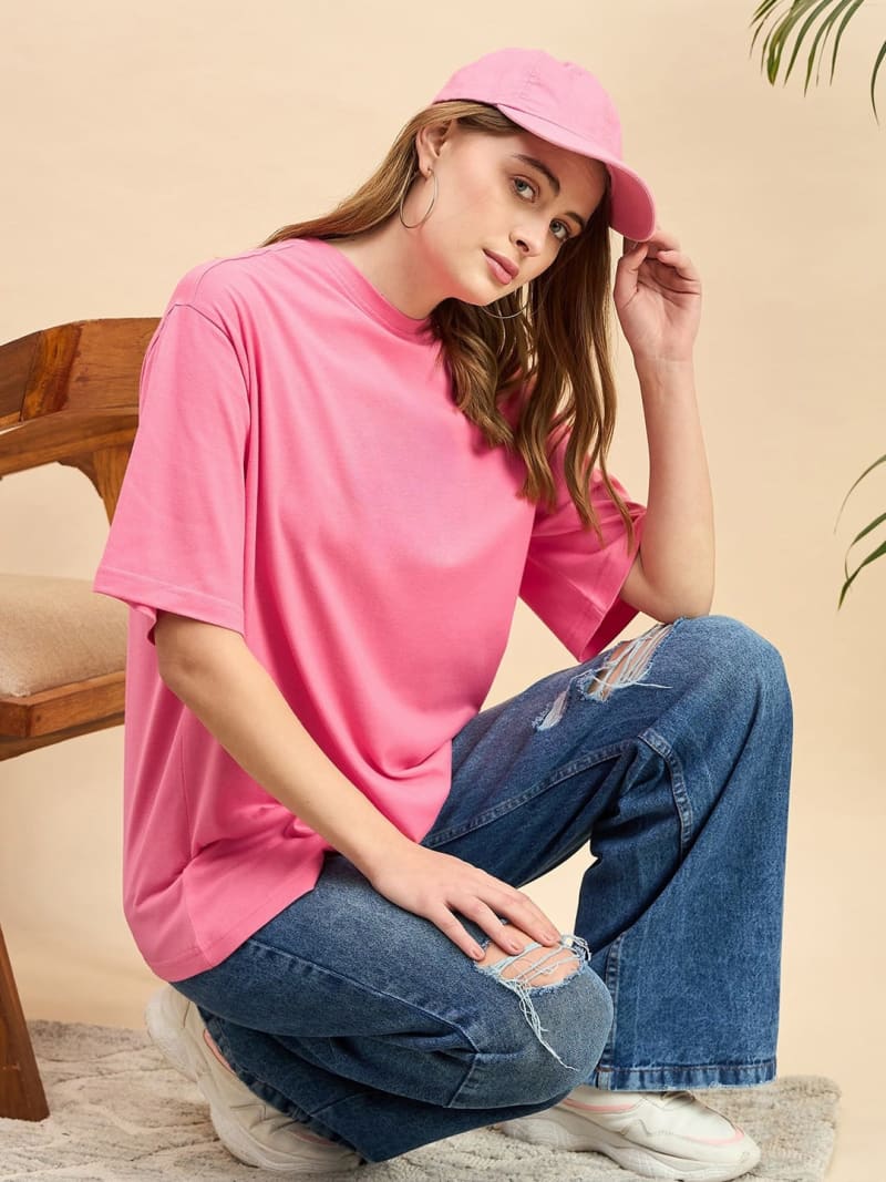 PockMAN Oversized Solid Cotton Terry Classic Coral Pink Tshirt