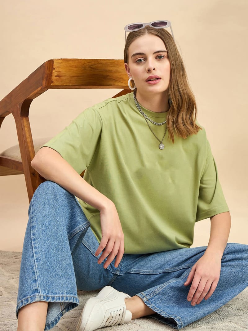 PockMAN Oversized Solid Cotton Terry Classic Dull Green Tshirt - Image 3