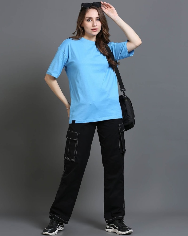 PockMAN Oversized Solid Cotton Terry Classic Cloudy Blue Tshirt - Image 4