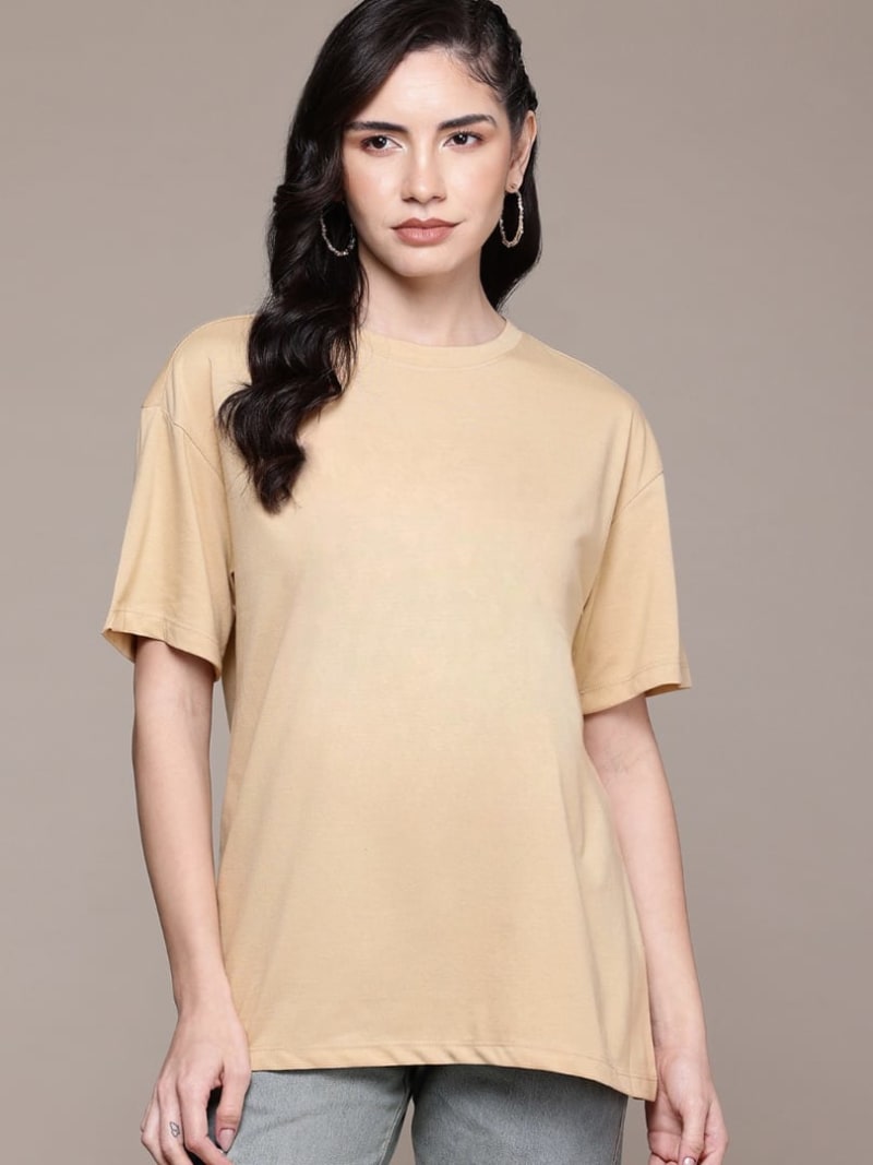 PockMAN Oversized Solid Cotton Terry Classic Fawn Beige Tshirt - Image 3