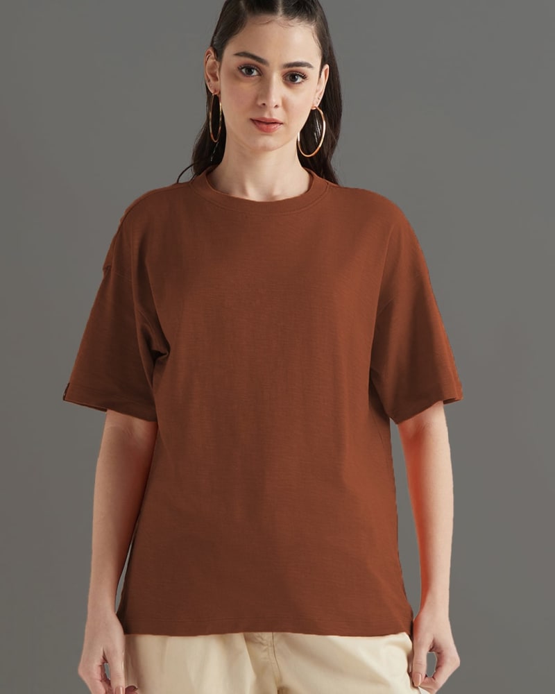 PockMAN Oversized Solid Cotton Terry Classic Brown  Tshirt