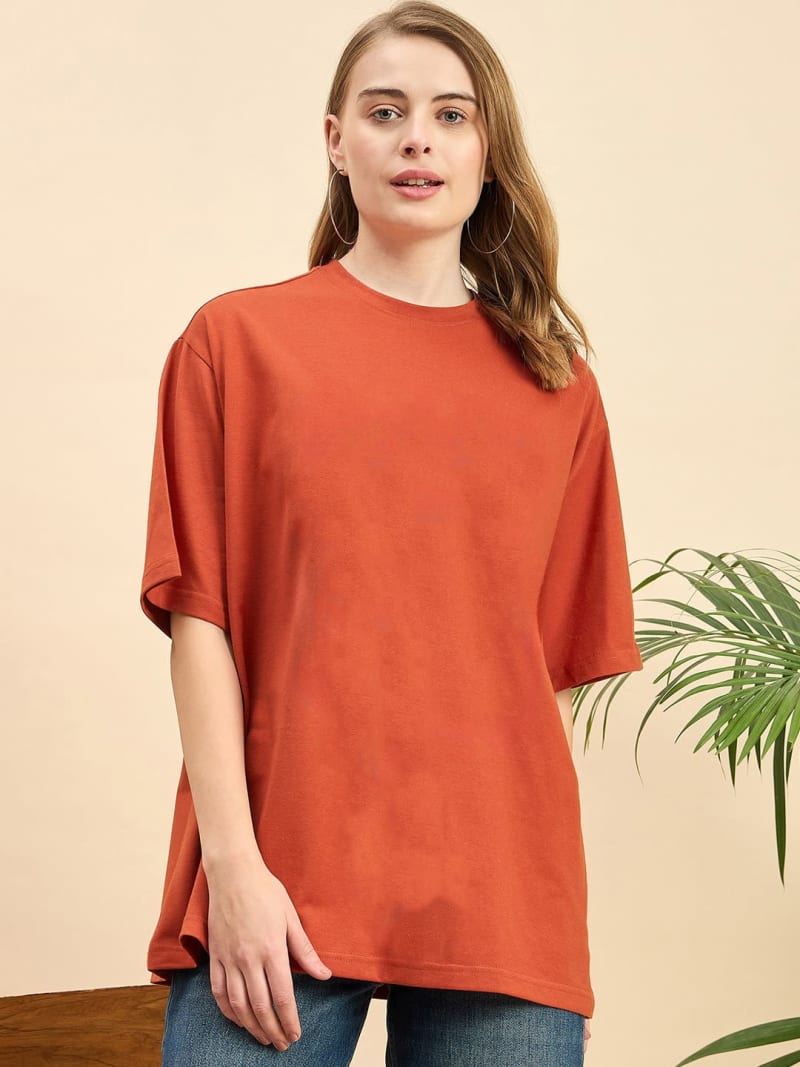 PockMAN Oversized Solid Cotton Terry Classic Rust Red Tshirt - Image 3