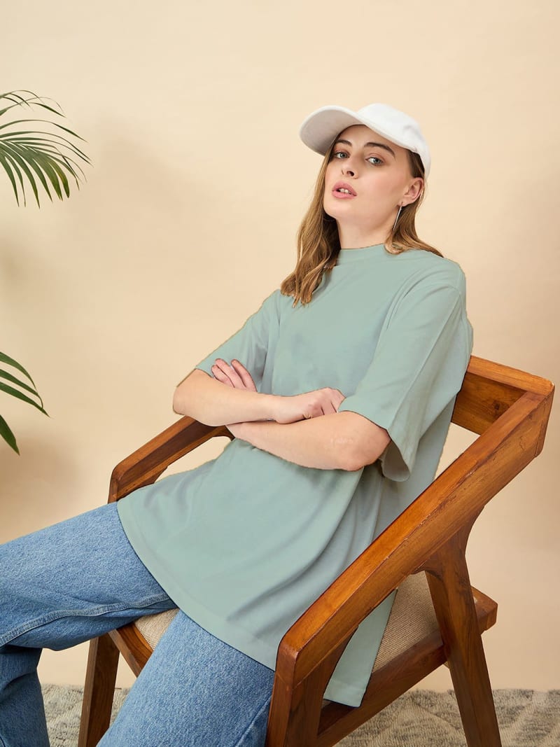 PockMAN Oversized Solid Cotton Terry Classic Greyish Teal Tshirt - Image 4