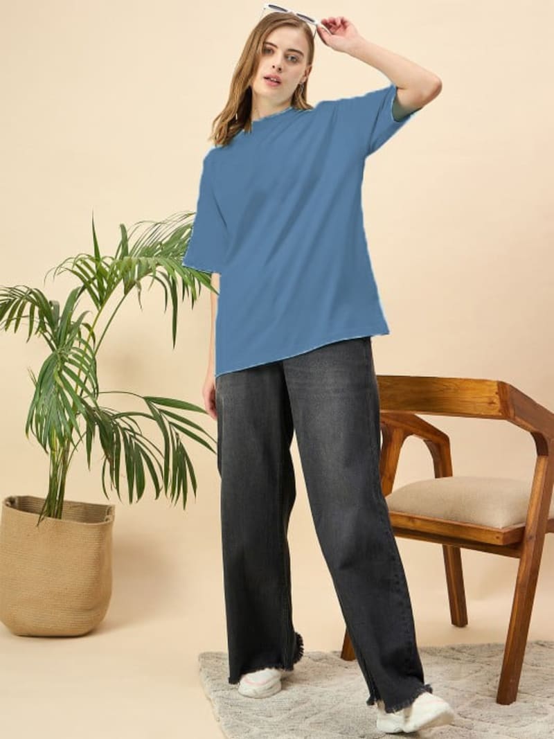 PockMAN Oversized Solid Cotton Terry Classic Moonstone Blue Tshirt