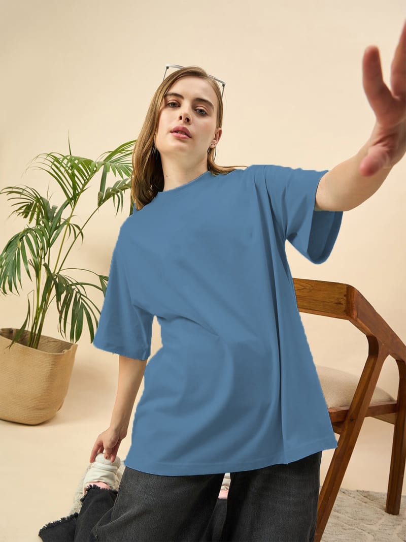 PockMAN Oversized Solid Cotton Terry Classic Moonstone Blue Tshirt - Image 3