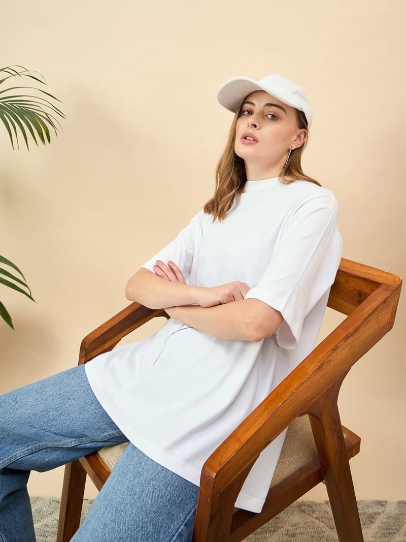 PockMAN Oversized Solid Cotton Terry Classic Off White Tshirt