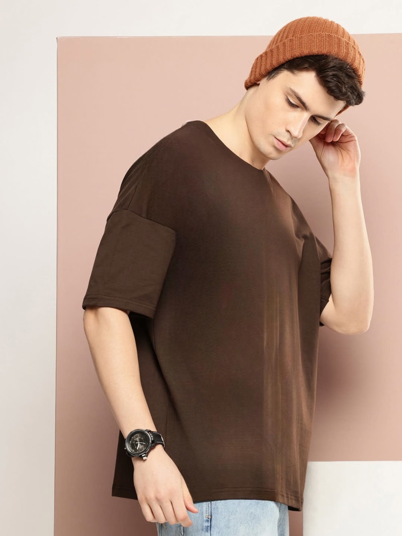 PockMAN Men Oversized Solid Cotton Terry Classic Dark Brown Tshirt - Image 3