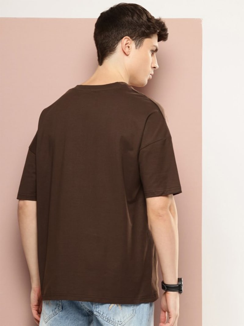 PockMAN Men Oversized Solid Cotton Terry Classic Dark Brown Tshirt - Image 4